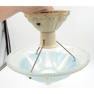 Art Deco Semi Flush Blue Glass Ceiling Light 3 Chain Fixture Porcelain Mount 10"